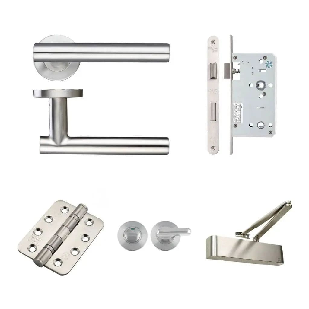 Ironmongery Fire Door Kit - Lever, Bathroom Lock, Turn and Release, Closer Hardware Pack Elite Ironmongery