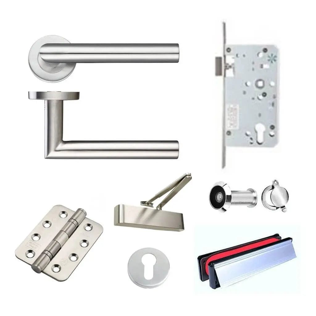 Ironmongery Fire Door Kit - Lever, Escape Lock, Letterplate, Door Viewer, Escutcheons and Closer Hardware Pack Elite Ironmongery