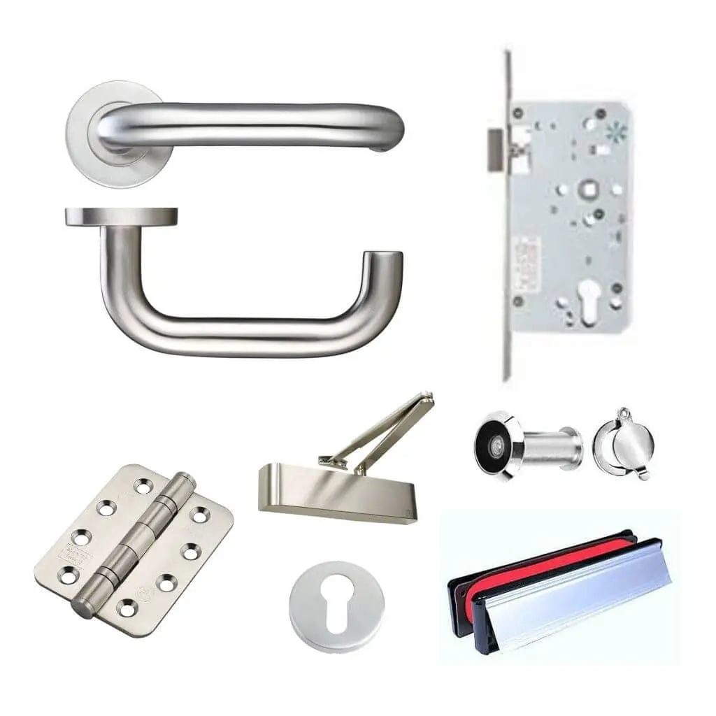 Ironmongery Fire Door Kit - Lever, Escape Lock, Letterplate, Door Viewer, Escutcheons and Closer Hardware Pack Elite Ironmongery
